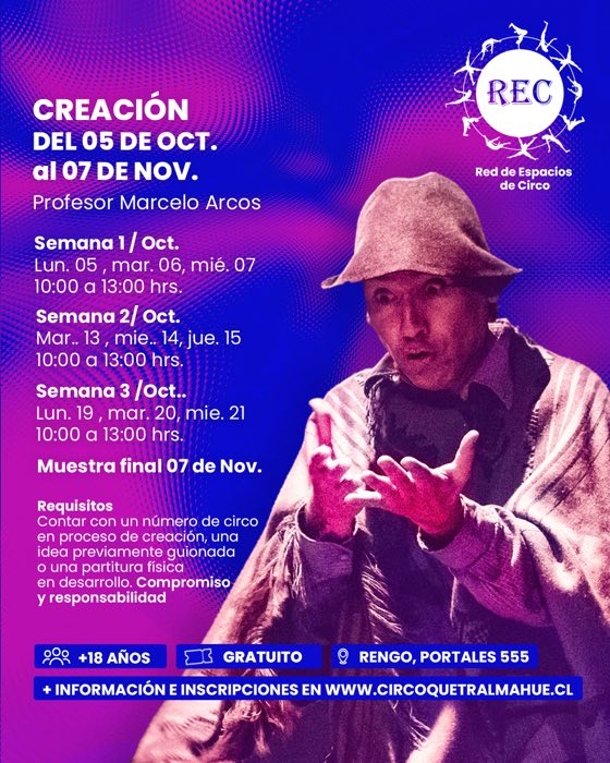 Flyer del Laboratorio de Creación: del 5 de octubre al 7 de noviembre, profesor Marcelo Arcos, con el calendario de las tres semanas, los requisitos, +18 años, gratuito, en Rengo, Portales 555. Al fondo, un artista con sombrero y manta, con las manos abiertas.