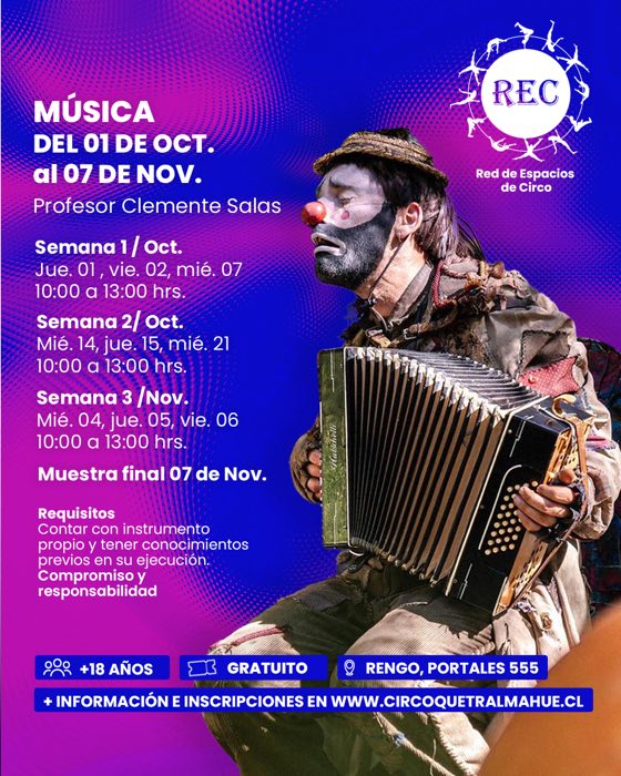 Flyer del Laboratorio de Música: del 1 de octubre al 7 de noviembre, profesor Clemente Salas, con el calendario de las tres semanas, los requisitos, +18 años, gratuito, en Rengo, Portales 555. Al fondo, un payaso músico tocando el acordeón.